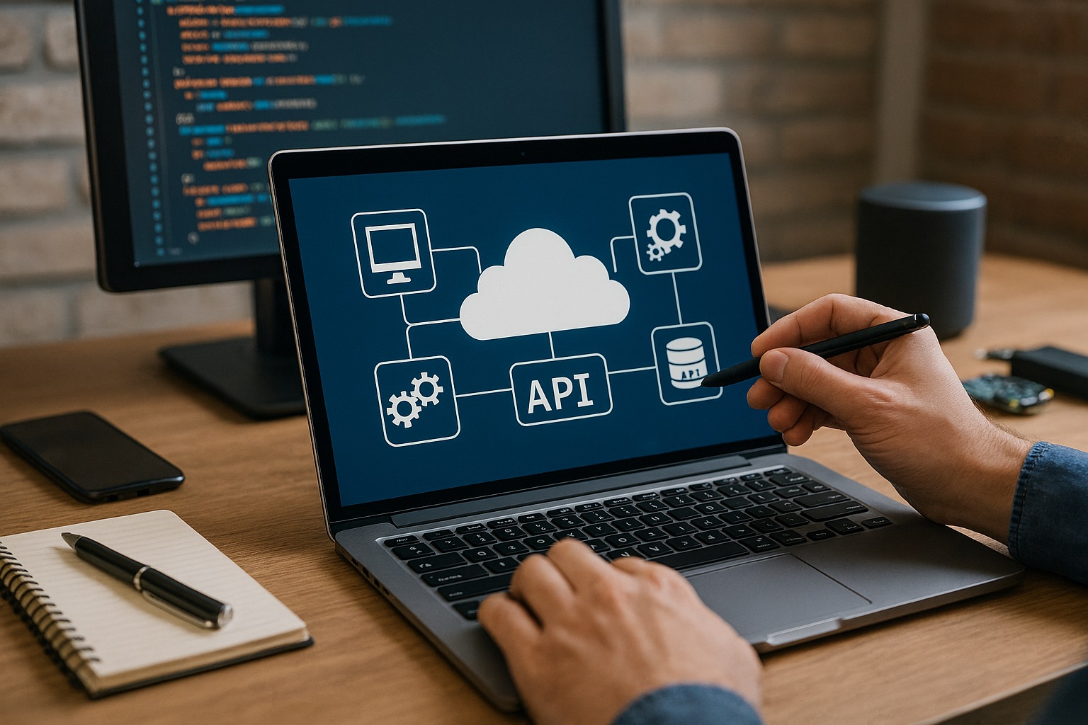 Computer screen showing iPaaS as the central cloud symbol and other systems all connected to it